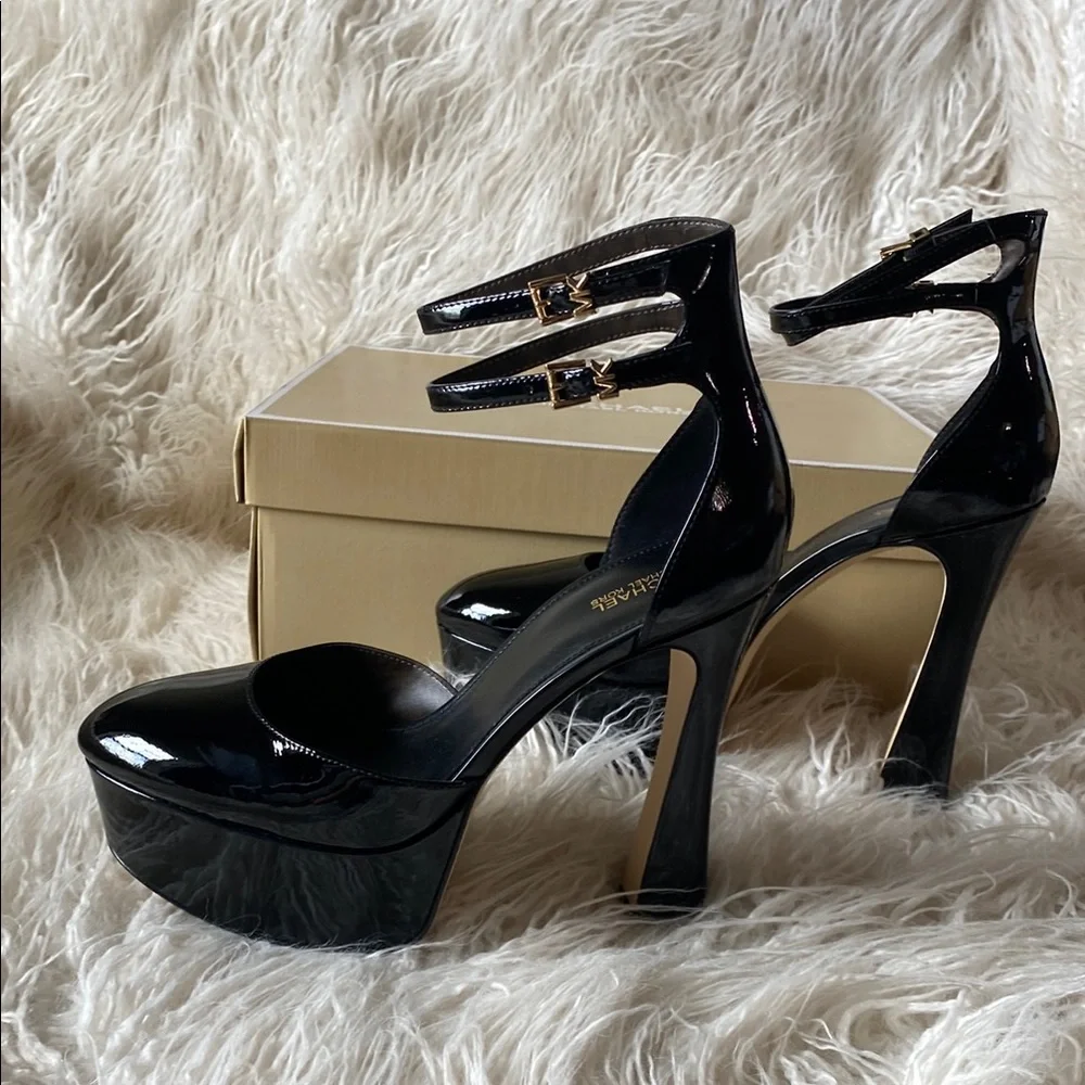 Michael Kors Martina Ankle Strap Patent Leather Platform Heels, Black - Size 9